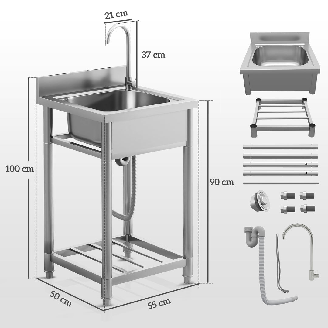 Outdoor Utility Sink, Stainless Steel Free Standing Single Bowl Kitchen Sink with Cold and Hot Water Pipe and Storage Shelf for Laundry Garage, 55 x 50 x 100 cm