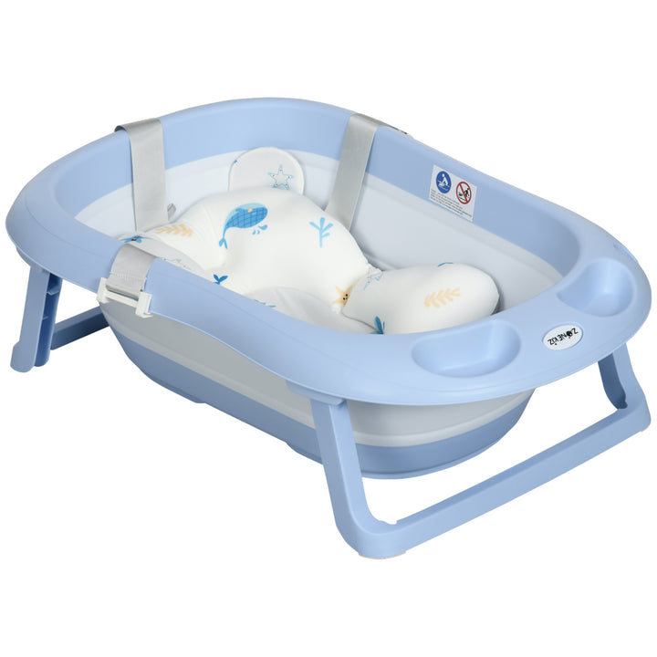 ZONEKIZ Foldable Baby Bath Tub, Bath Tub with Non-Slip Support, Cushion Pad, Drain Plugs, Shower Head Holder, for Newborn to 6 Years - Blue | Aosom UK