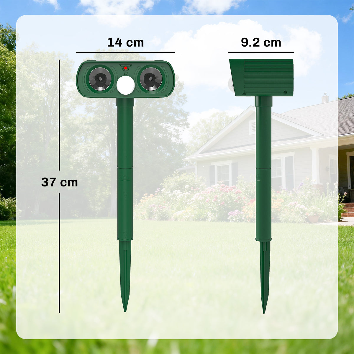 Ultrasonic Cat Repellent, PIR Motion Sensor 110°, LED Flash, Solar Cat