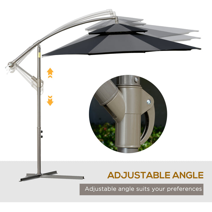 MCL 2.7m Banana Parasol Cantilever Umbrella with Crank Handle, Double Tier Canopy and Cross Base for Outdoor, Hanging Sun Shade, Black