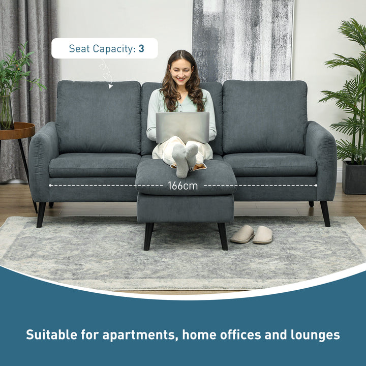 3 Seater Sofa with Ottoman, 196cm Corduroy L-shaped Sofa Couch with Scatter Back, Reversible Chaise Lounge for Living Room, Home Office, Small Spaces, Charcoal Grey