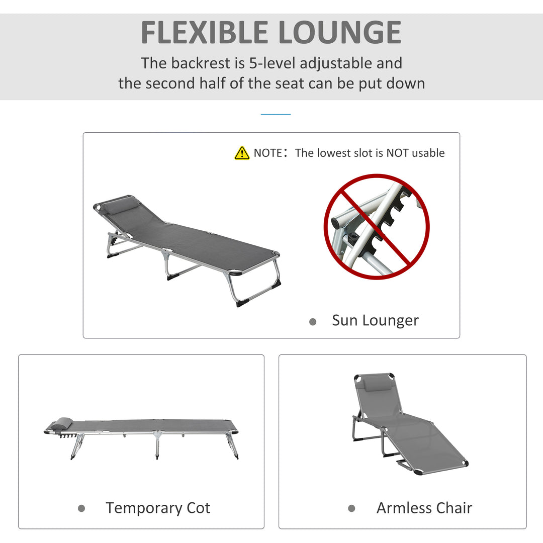 Outsunny Foldable Sun Lounger Set with Pillow, Adjustable Recliner, Aluminium Frame, Camping Cot, Grey