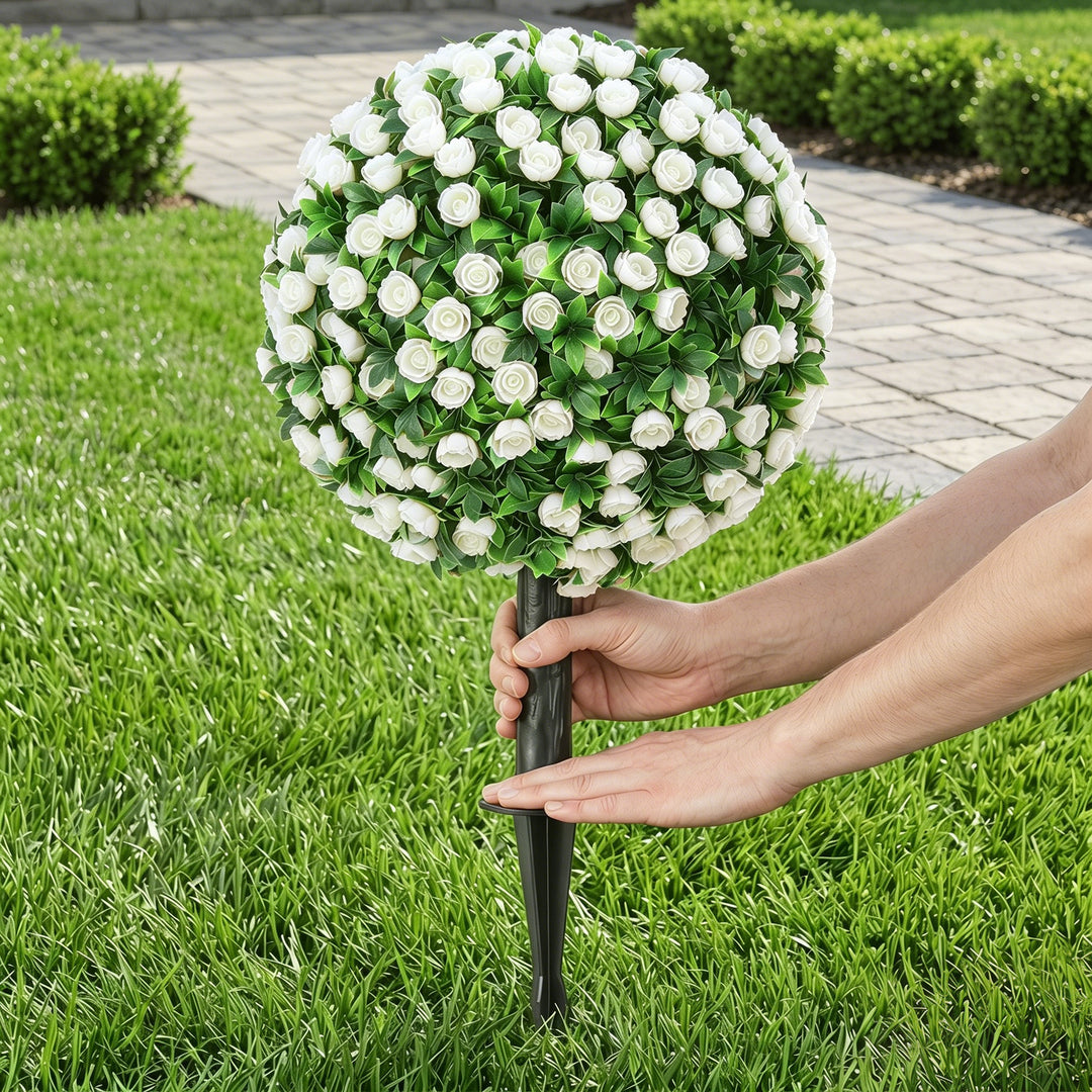 Artificial Rose Topiary UV Resistant, 2-Pack Fake Plants, 55 cm, White