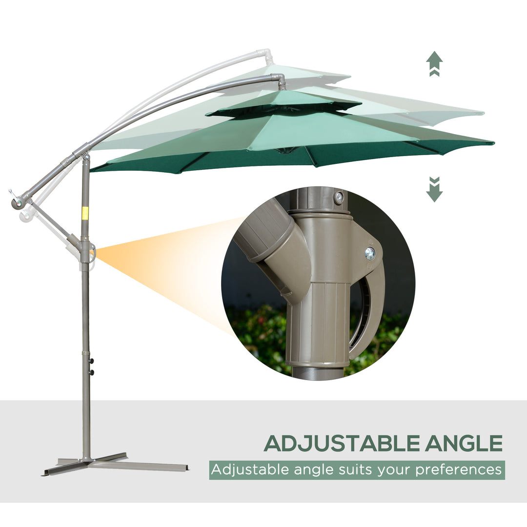 2.7m Banana Parasol Cantilever Umbrella with Crank Handle, Double Tier Canopy and Cross Base for Outdoor, Hanging Sun Shade, Green