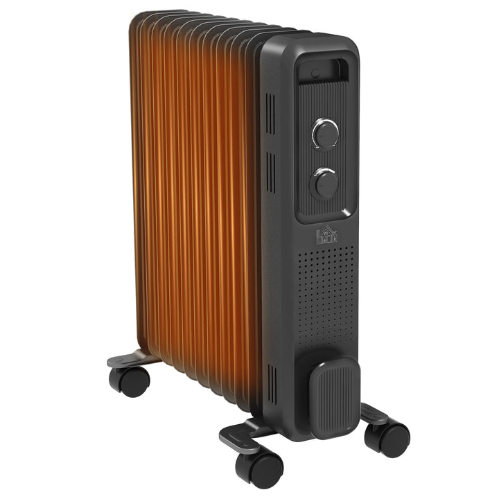 HOMCOM 2500W Oil Filled Radiator, 11 Fin, Portable Electric Heater with 3 Heat Settings, Safety Cut-Off and Wheels, Grey