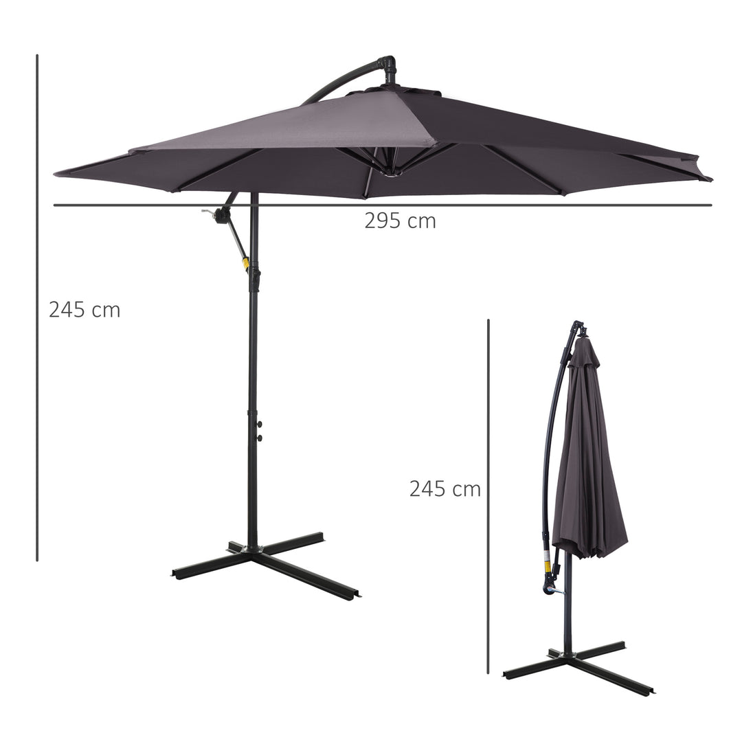 Outsunny 3(m) Garden Banana Parasol Hanging Cantilever Umbrella with Crank Handle, 8 Ribs and Cross Base for Outdoor, Sun Shade, Grey