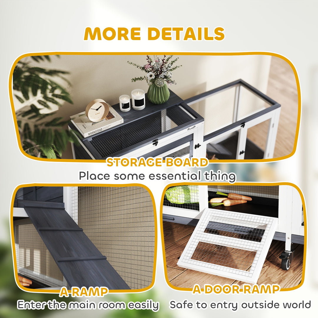 Wooden Rabbit Hutch with Run, 2-Tier Guinea Pig Hutch with Run, Wheels, 3 Plastic Trays, 2 Openable Top, for 2-3 Rabbits