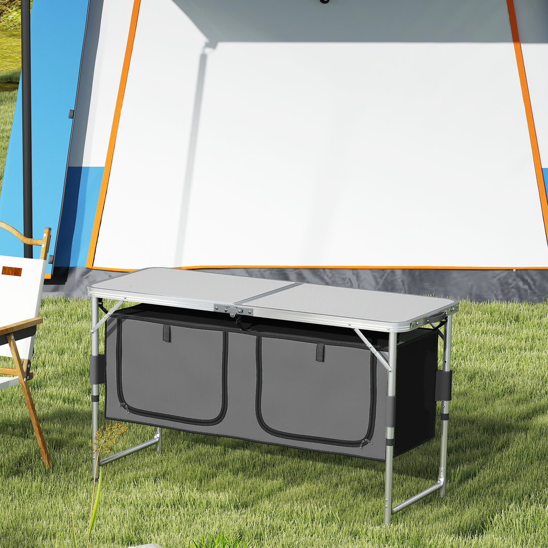 4ft Folding Camping Cupboard Kitchen, Height Adjustable Aluminium Camping Table with Storage, Lightweight Picnic Table for Outdoor Garden BBQ Party