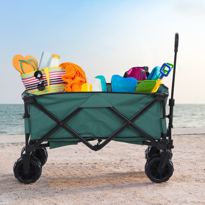 Outsunny Folding Cargo Wagon Trailer, Outdoor Pull Along Cart for Beach Garden with Telescopic Handle, Anti-Slip Wheel, Green | Aosom UK