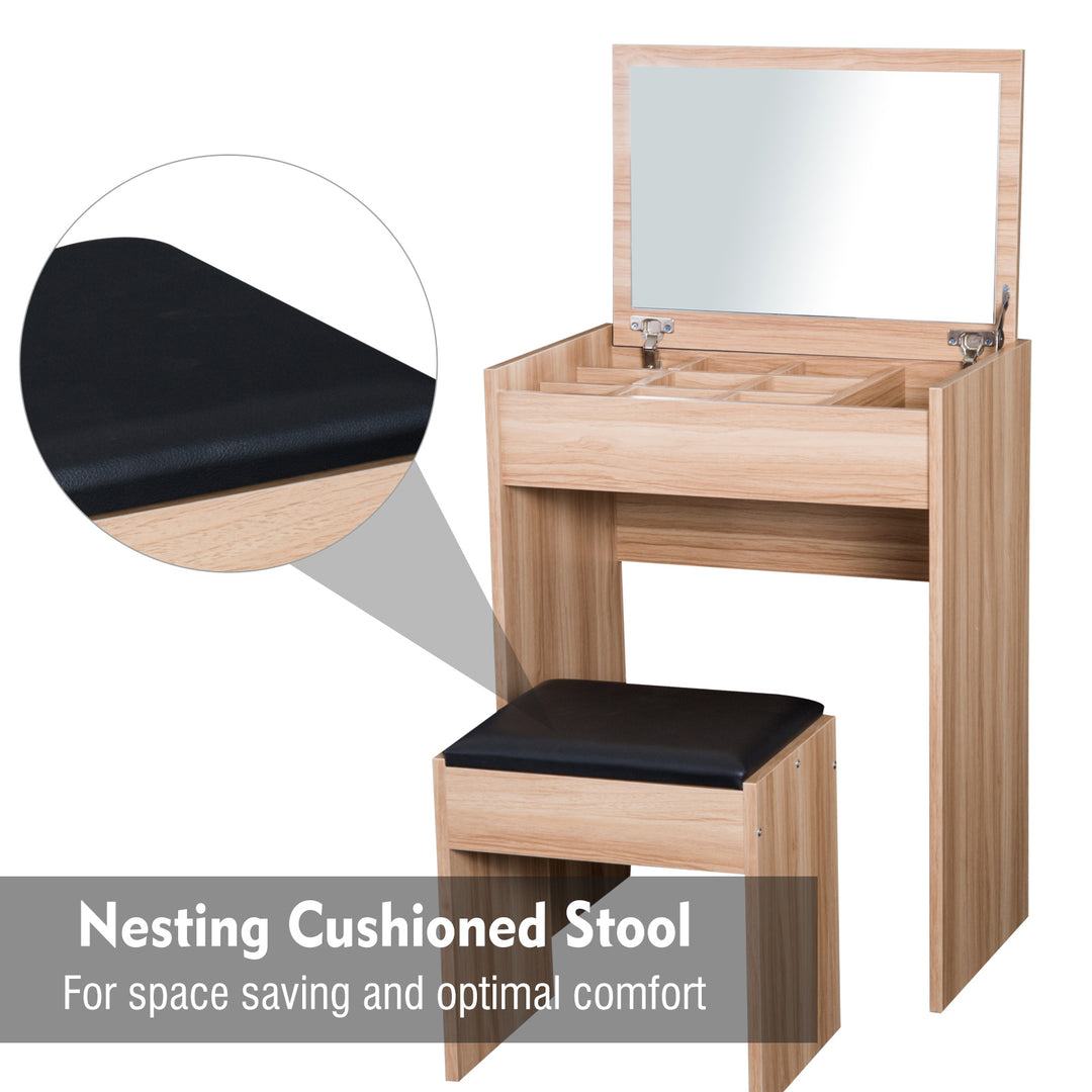 Dressing Table with Mirror and Stool, Vanity Makeup Table with Flip Up Mirror, Vanity Desk with Storage Unit and Padded Seat, Wood