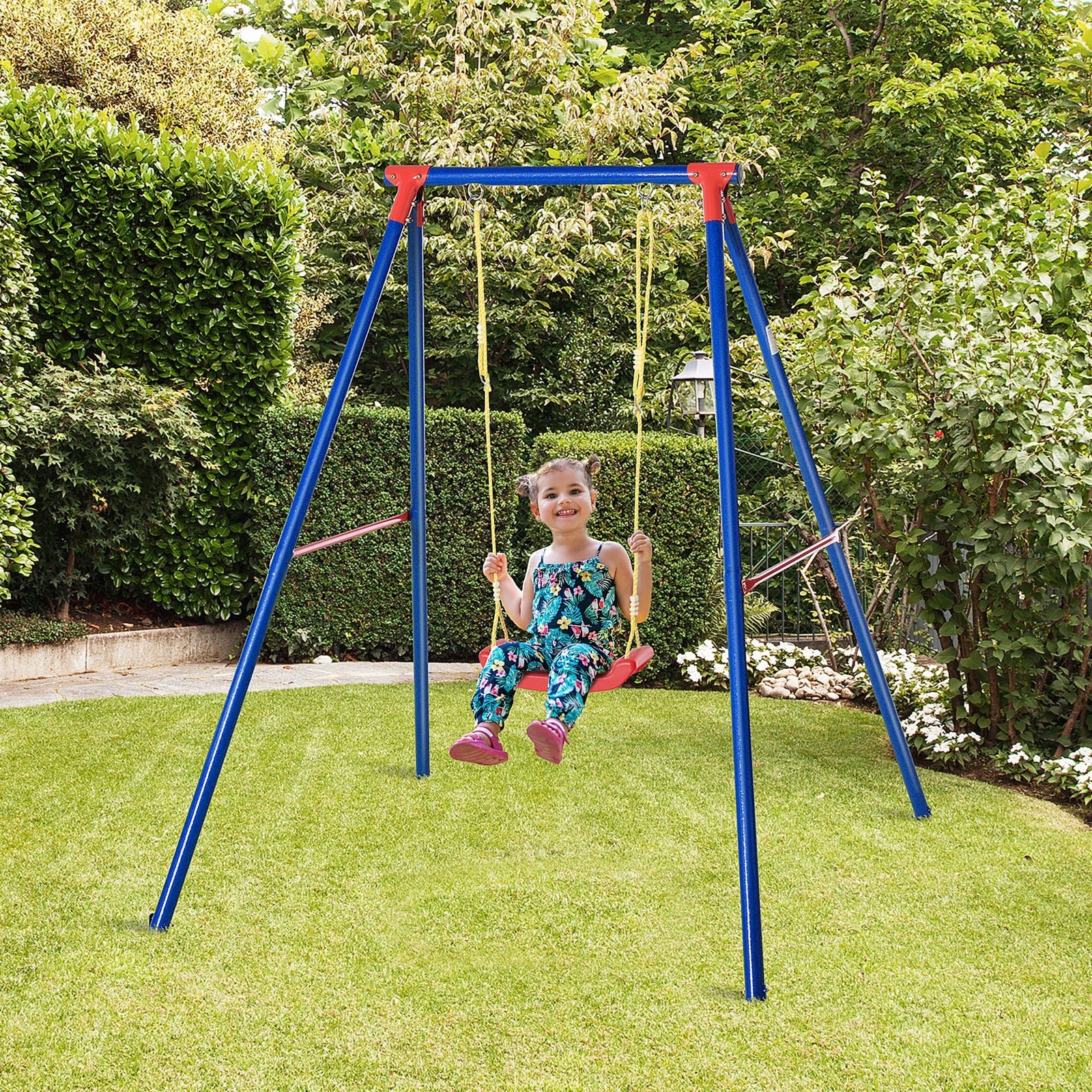 Kids Swing Set Toddler Swing Adjustable Rope Heavy Duty A-Frame Stand Outdoor Playset for 3-8 Years Old Blue