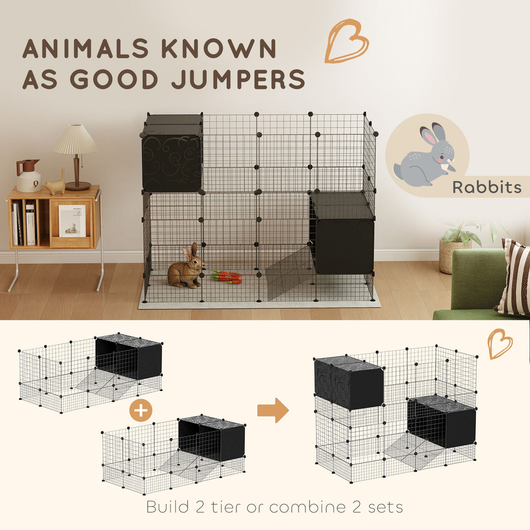 DIY Small Animal Cage with Elevated Huts, C&C Cage for Guinea Pigs, Hedgehogs, Rabbits, 31 Panels, Black