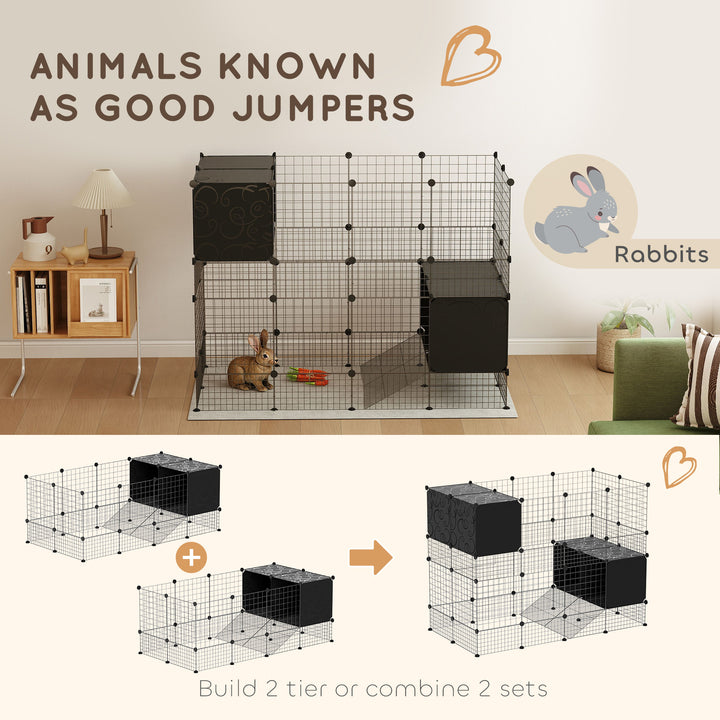 DIY Small Animal Cage with Elevated Huts, C&C Cage for Guinea Pigs, Hedgehogs, Rabbits, 31 Panels, Black