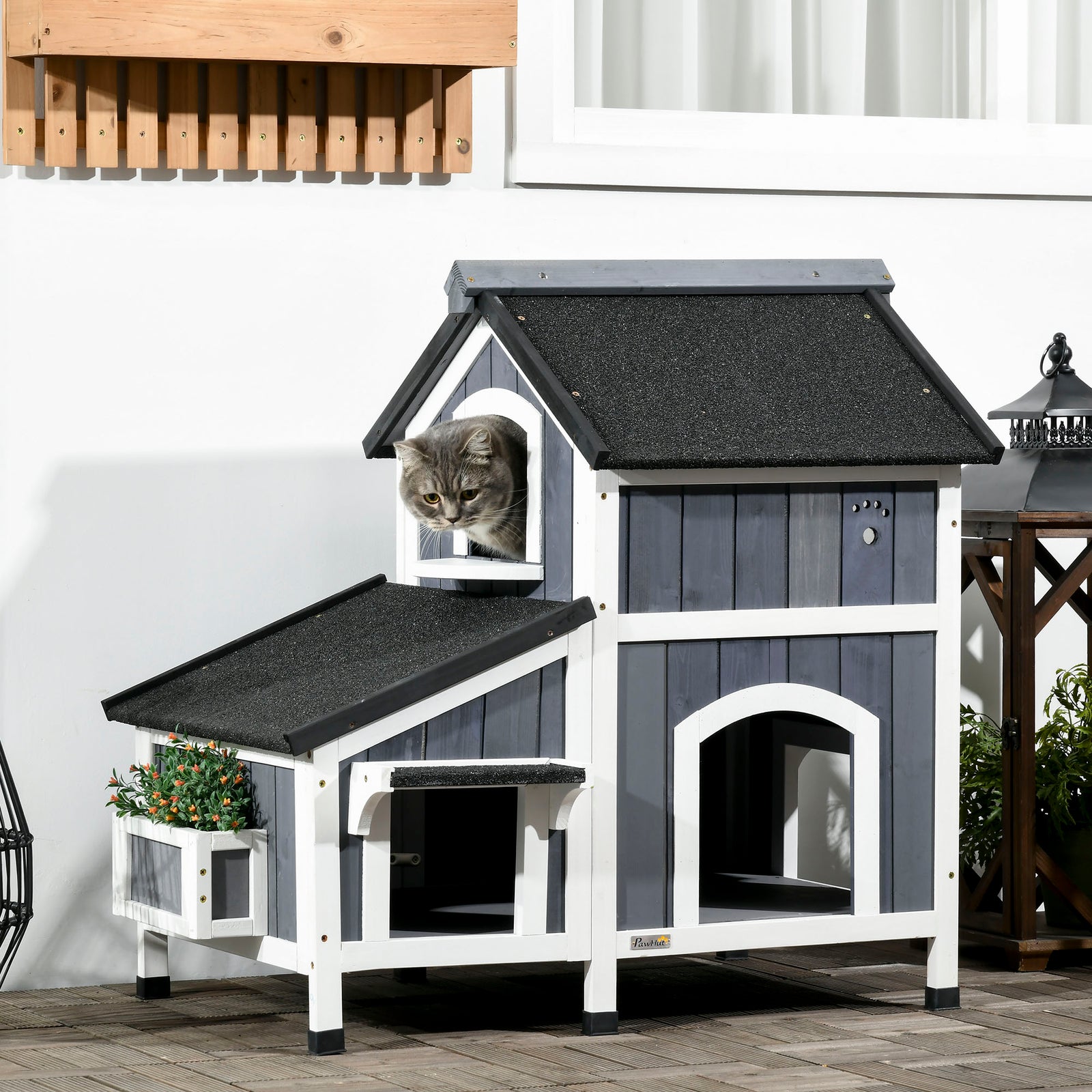 Wooden Cat House with Flower Pot, Windows, Multiple Entrances, Water-Resistant Roof for Outdoor - Grey