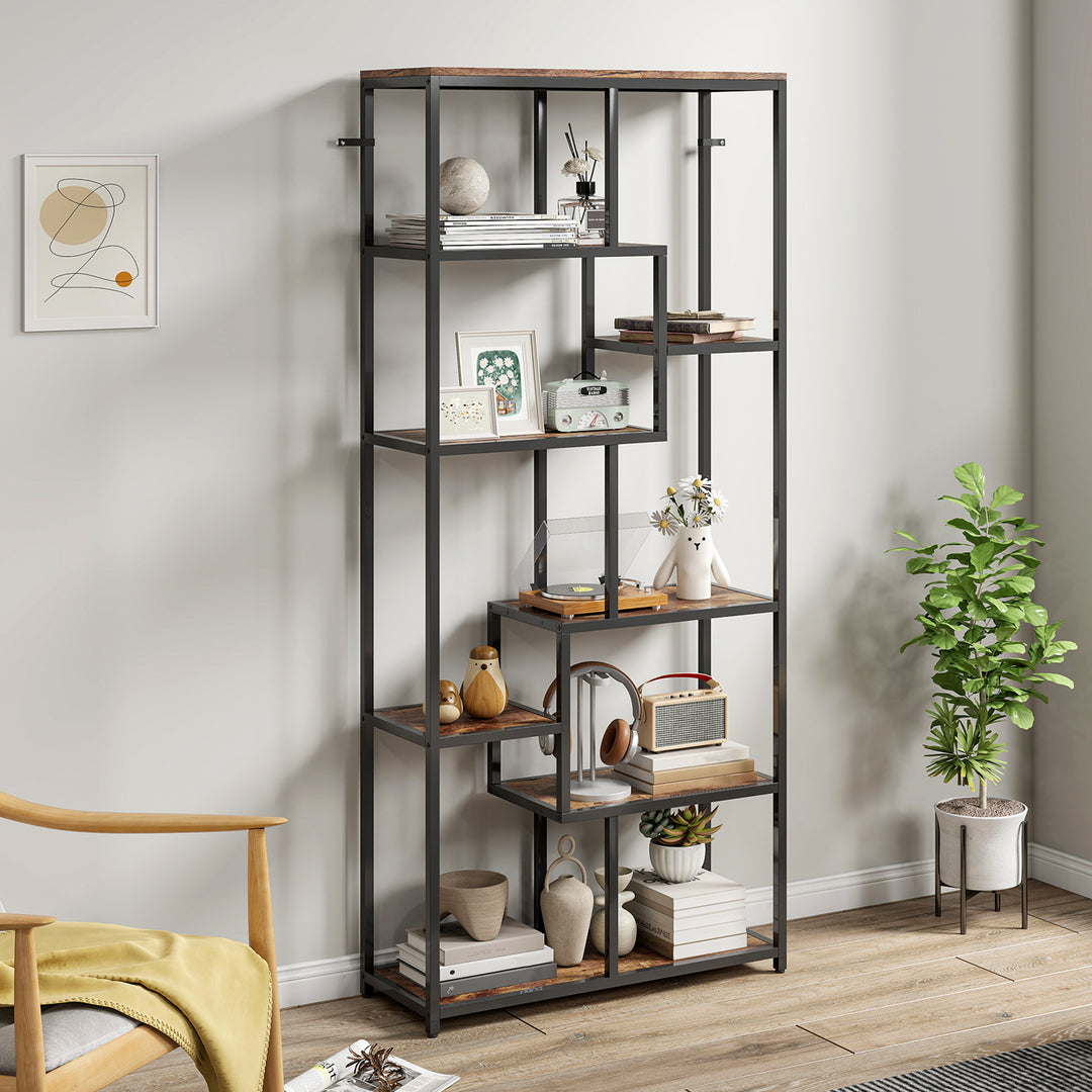 HOMCOM Seven-Tier Geometric Bookcase - Brown/Black
