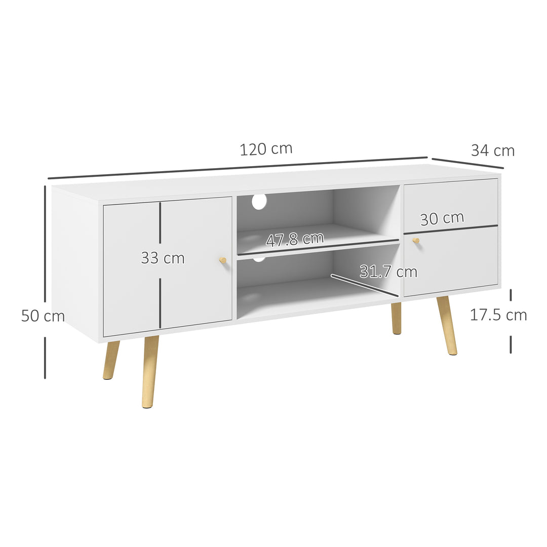 MCL TV Stand Cabinet up to 55 Inches, TV Unit with Storage Shelves and Wood Legs for Living Room, Bedroom, White