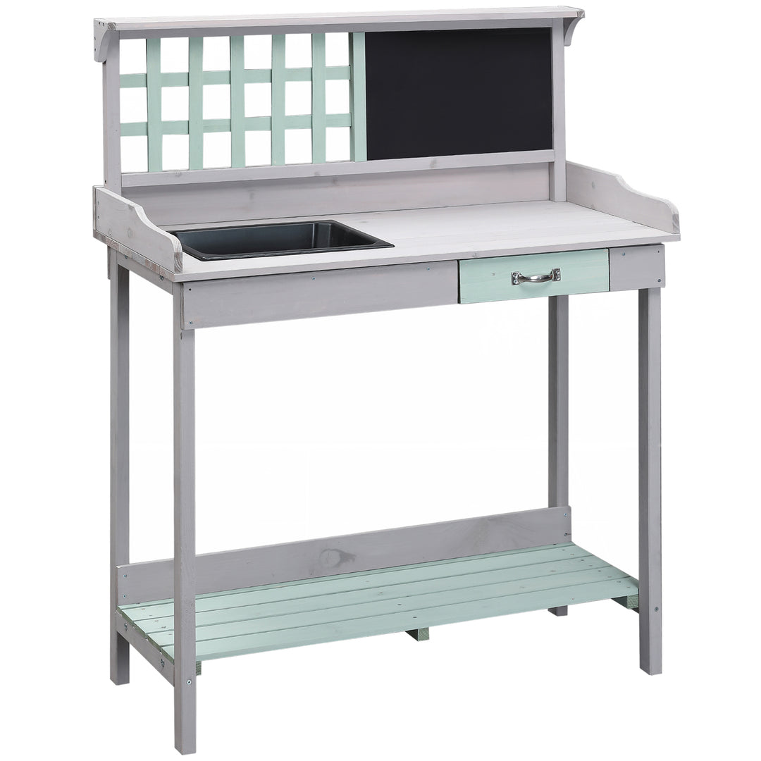 Garden Potting Table with Sink, Blackboard and Drawer, Wooden Planting Work Bench Workstation Outdoor Tool Storage Shelves