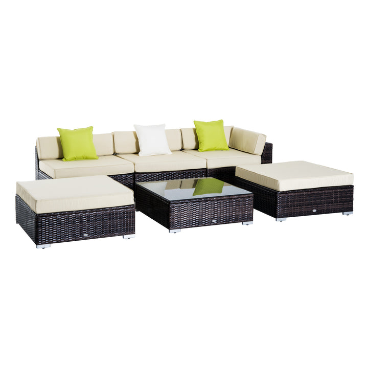 6 PC Rattan Sofa Coffee Table Set Sectional Wicker Weave Furniture for Garden Outdoor Conservatory w/ Pillow Cushion Brown