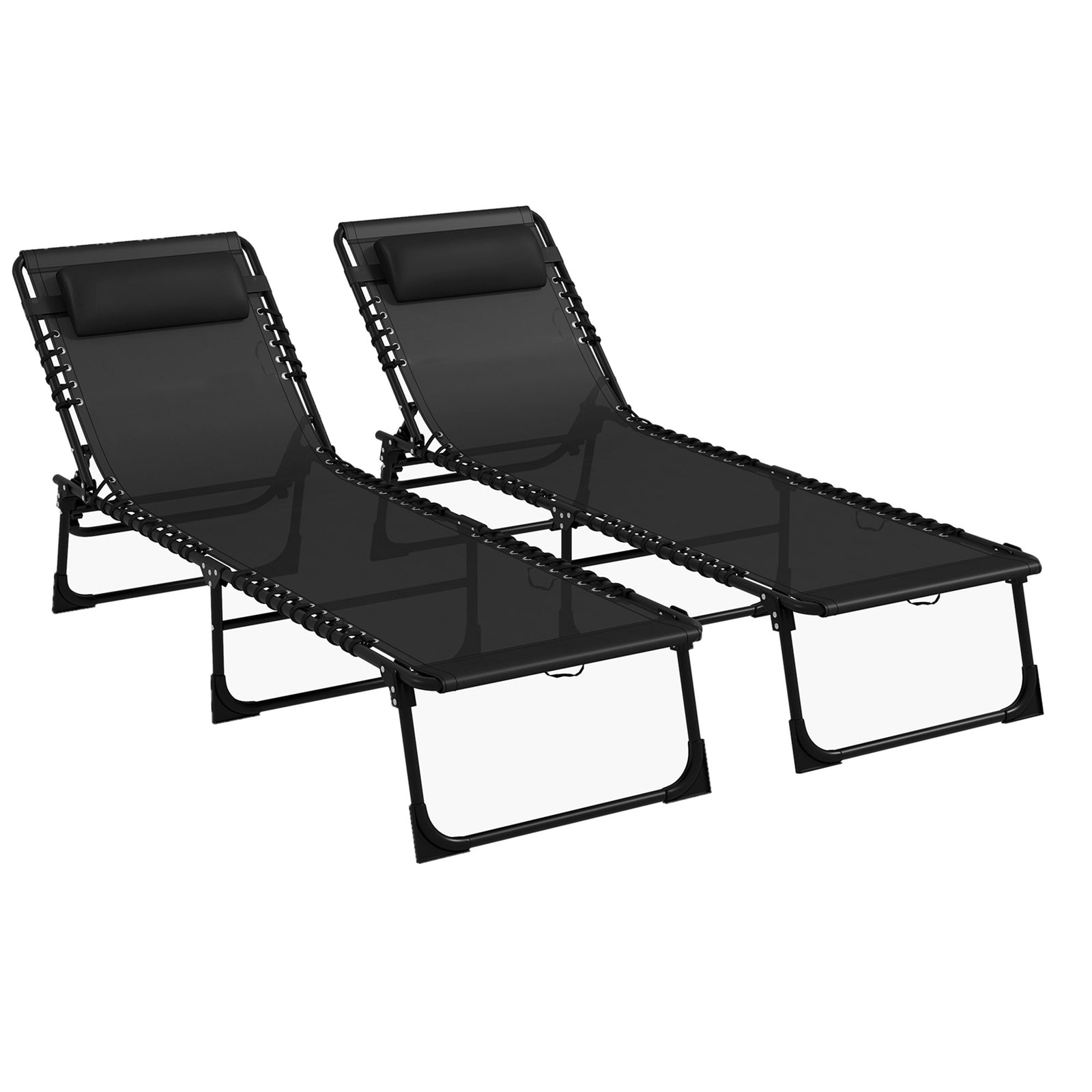 Set of Two Folding Sun Loungers, with Four-Position Backs - Black