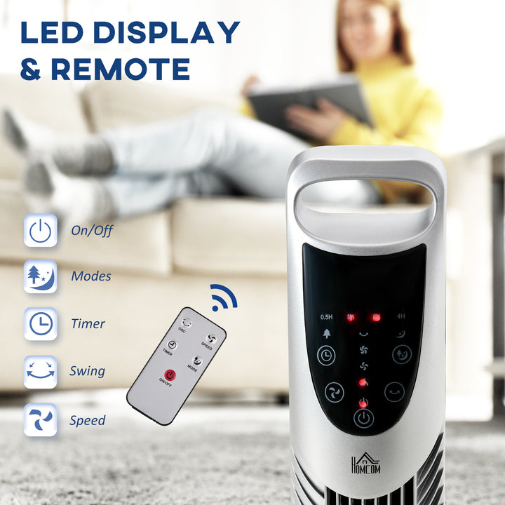 MCL 36'' Freestanding Tower Fan, 3 Speed 3 Mode, 7.5h Timer, 70 Degree Oscillation, LED Panel, 5M Remote Controller, Silver