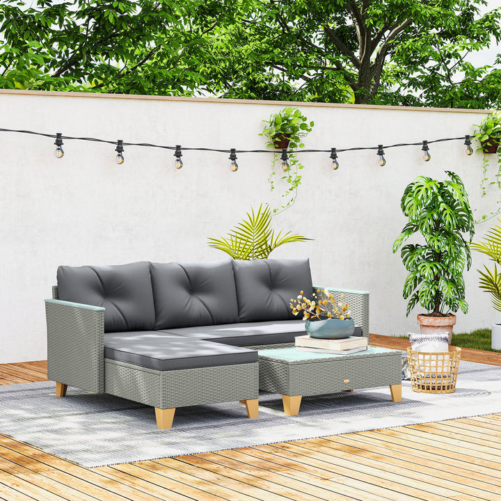 3 Pieces Rattan Garden Furniture Set, L Shaped Garden Conversation Chaise Lounge Furniture with Wood Top Coffee Table and Thick Cushions, Charcoal Grey