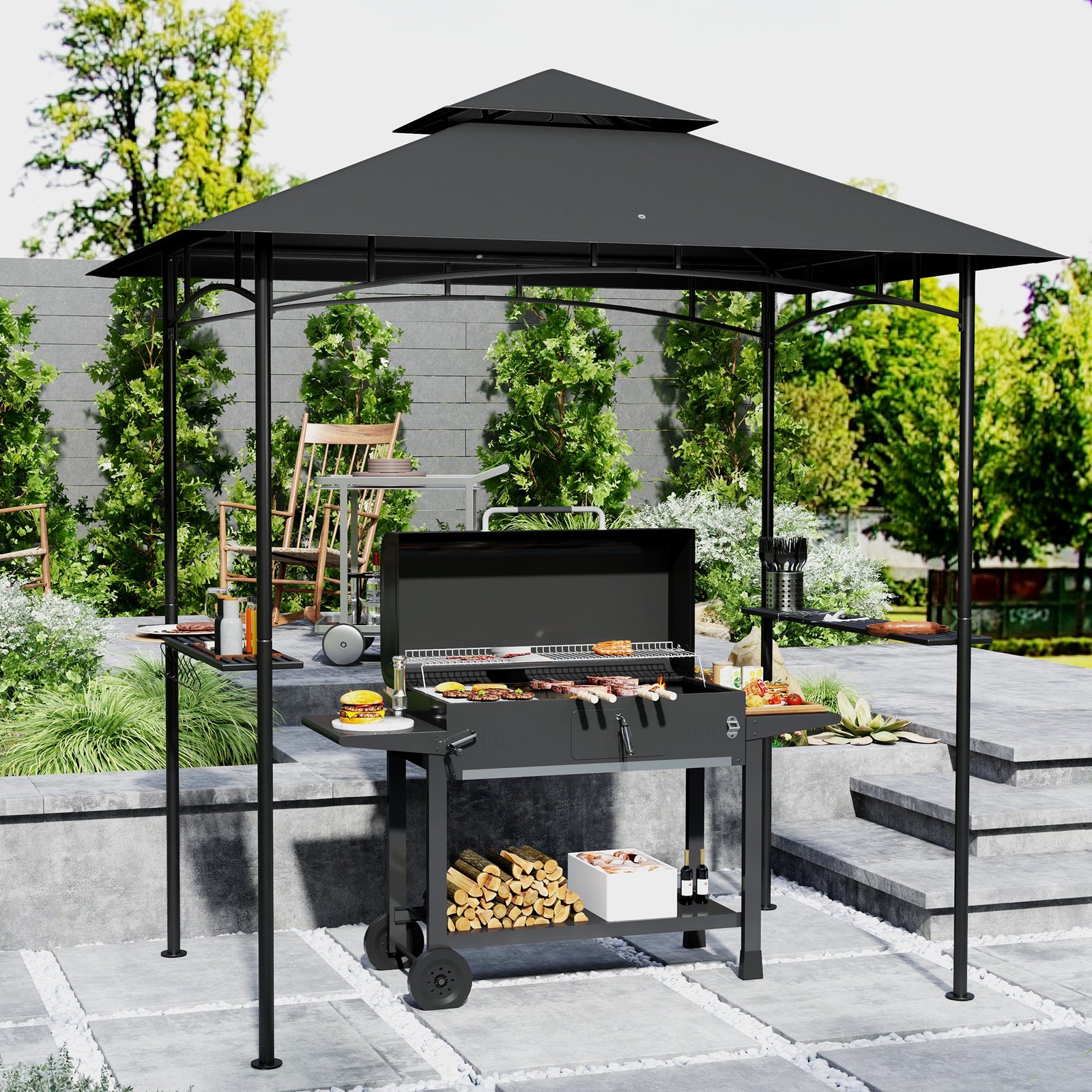 8' x 5' Grill Gazebo, Double Tiered BBQ Gazebo Shelter Canopy with LED Lights, 2 Side Shelves, Hooks, Dark Grey