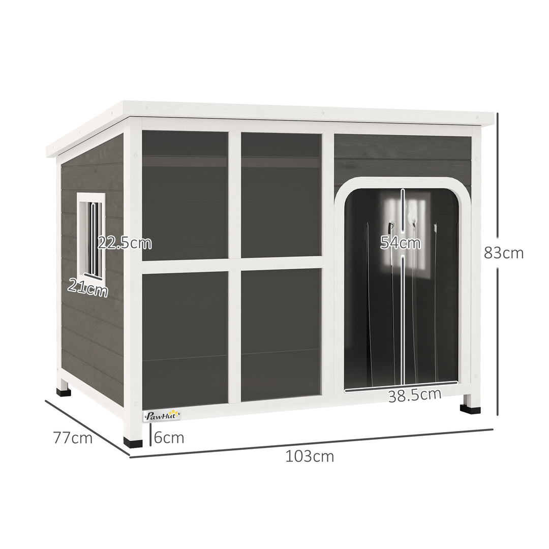 Wooden Outdoor Dog House, with Asphalt Openable Top, Removable Floor, Clear Front Panel, Curtain, 103 x 77 x 83cm