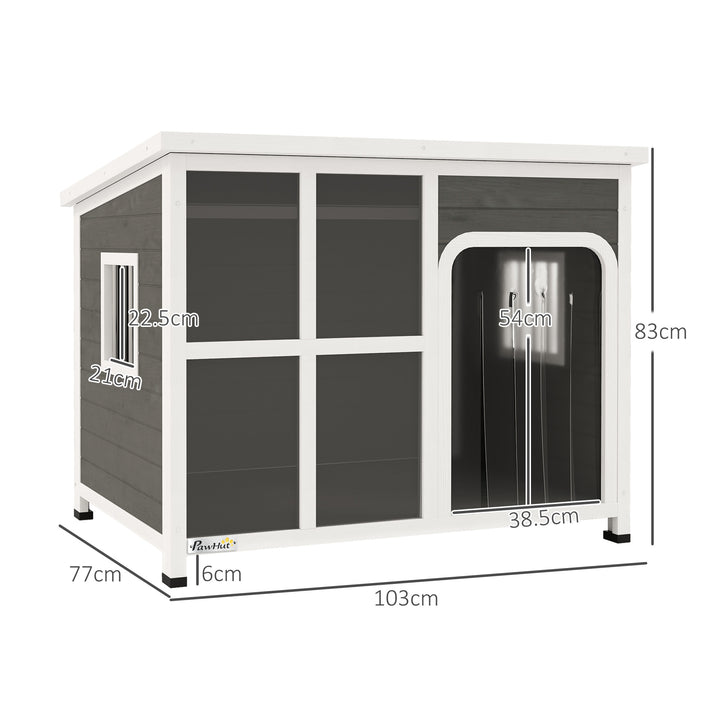 Wooden Outdoor Dog House, with Asphalt Openable Top, Removable Floor, Clear Front Panel, Curtain, 103 x 77 x 83cm