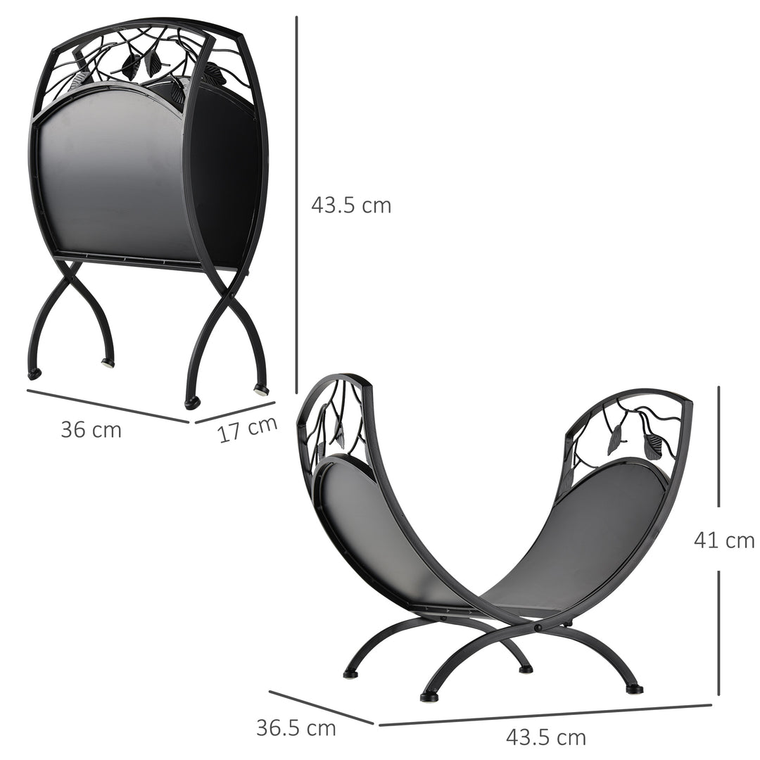 MCL Metal Arced Firewood Log Holder Indoor Outdoor Folding Firewood Rack Fireplace Wood Storage Shelf w/ Leaf Pattern Design, Black, 43.5W x 36.5D x 41H cm