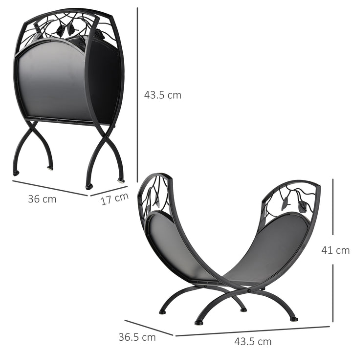 MCL Metal Arced Firewood Log Holder Indoor Outdoor Folding Firewood Rack Fireplace Wood Storage Shelf w/ Leaf Pattern Design, Black, 43.5W x 36.5D x 41H cm