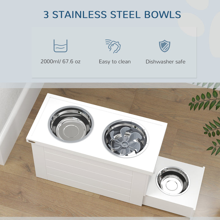 Raised Dog Bowls w/ Slow Feeder Mat, Storage Cabinet, Three Stainless Steel Bowls, Semi Auto Dispenser Function, White