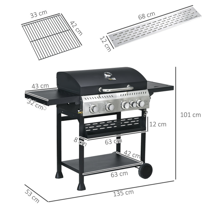 Outsunny Galvanised Steel 4+1 Gas Burner BBQ Grill Trolley, Black