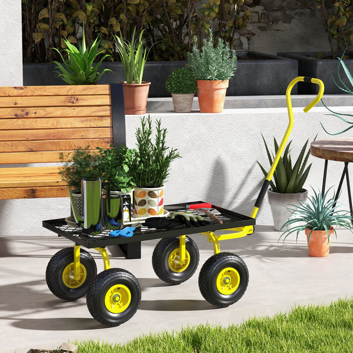 Garden Trolley Cart, Heavy Duty Garden Cart with Metal Frame, 10" Pneumatic Wheels, Rotating Handle, 150kg Capacity, for Garden, Farm, Yellow