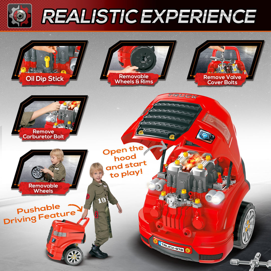 Kids Truck Engine Toy Set, Toddler Educational Car Service Station Playset, Take Apart Workshop, w/ RC Car Key, Steering wheel, Horn, Light, for 3-5 Years Old Red