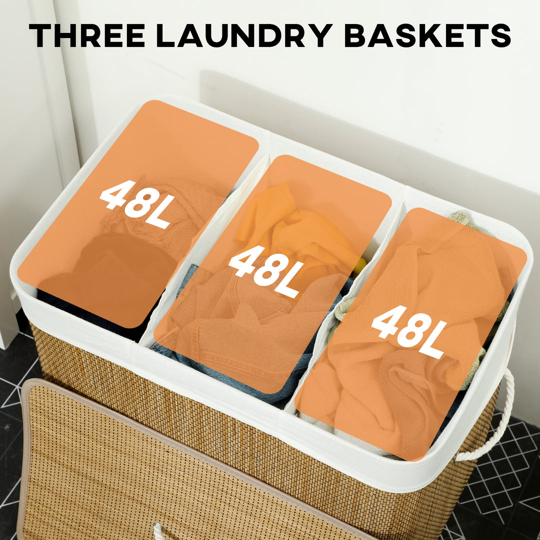 3 Section Laundry Basket with Lid, 144L Bamboo Laundry Hamper with Han
