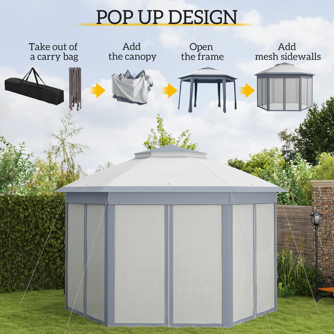 MCL 3 x 4m Metal Frame Hexagon Gazebo, with Curtains - Grey