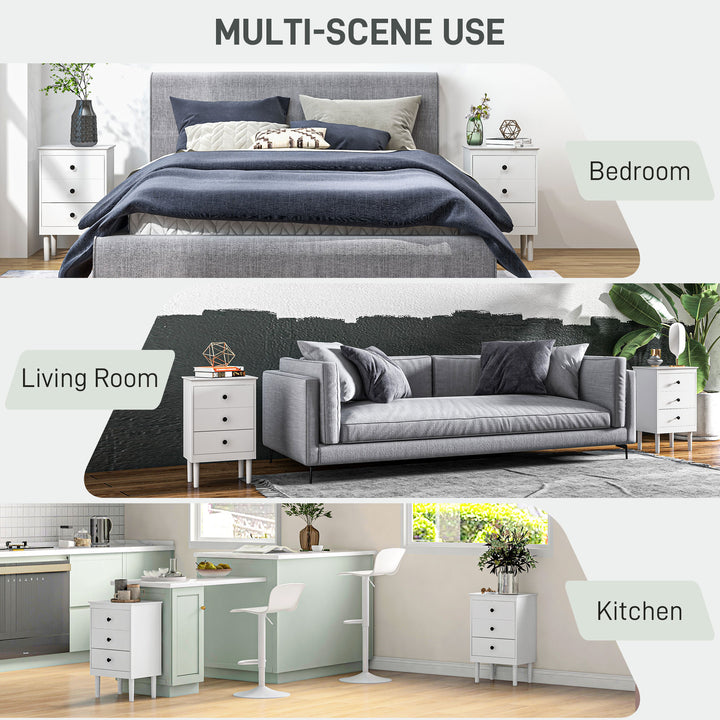 HOMCOM Bedside Table Set of 2, Modern Sofa Side Table with 3 Drawers, Nightstand for Bedroom, 40x30x64cm, White