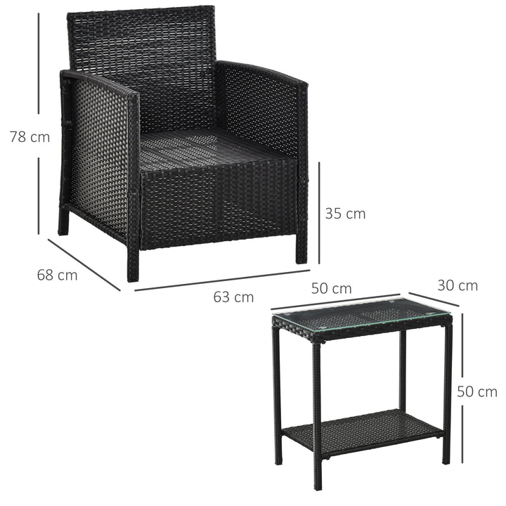 2-Seater PE Rattan Side Table & Armchair Bistro Set Jack and Jill Seat w/ Pillows Black