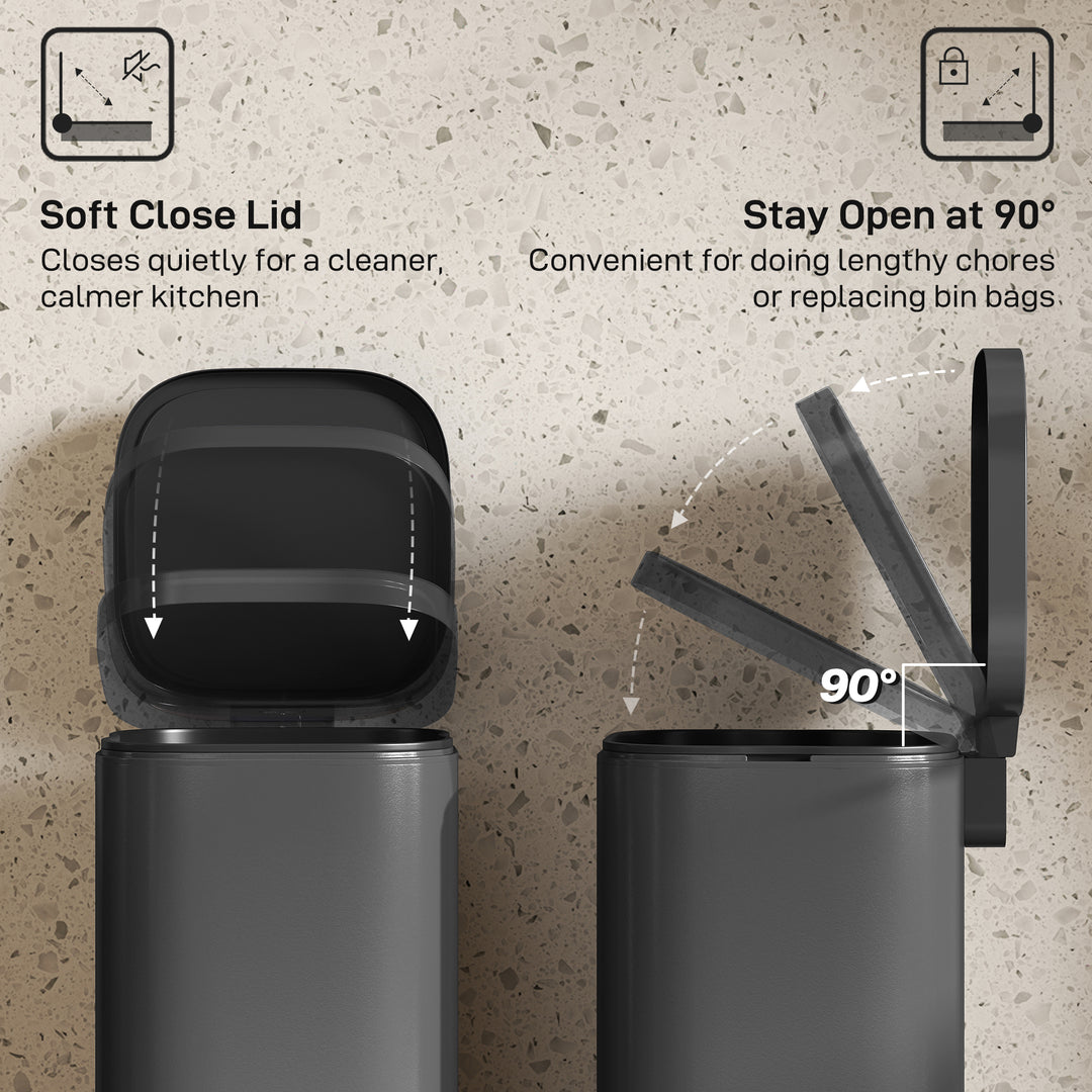 MCL 30L Kitchen Bin, Compact Pedal Bin with Soft-Close and Stay-Open Lid, Removable Bucket for Kitchen, Home, Office, Black