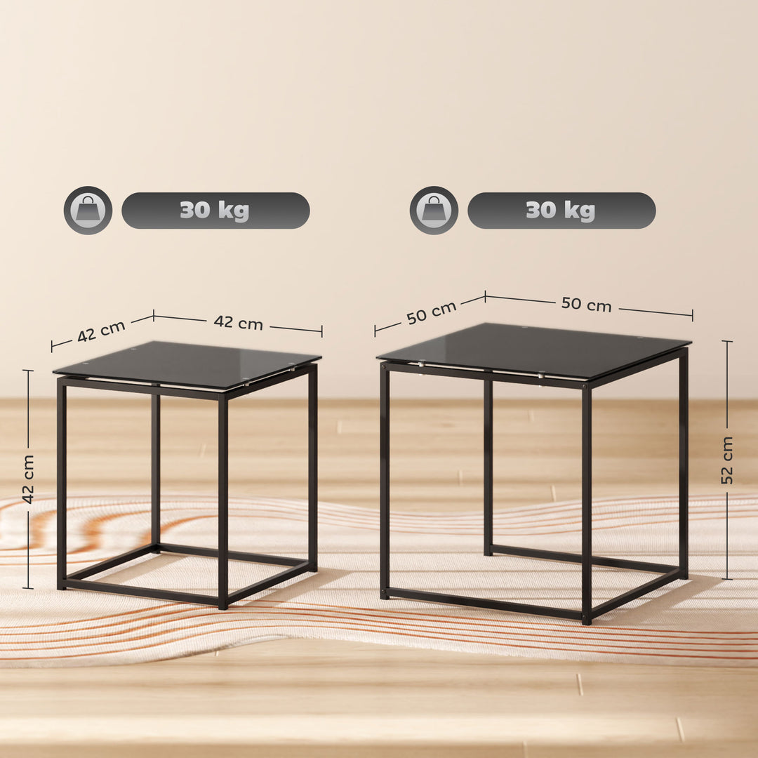 Nest of Tables, Set of 2 Coffee Table, Side Tables with Tempered Glass Desktop and Metal Frame for Living Room, Bedroom, Office, Black