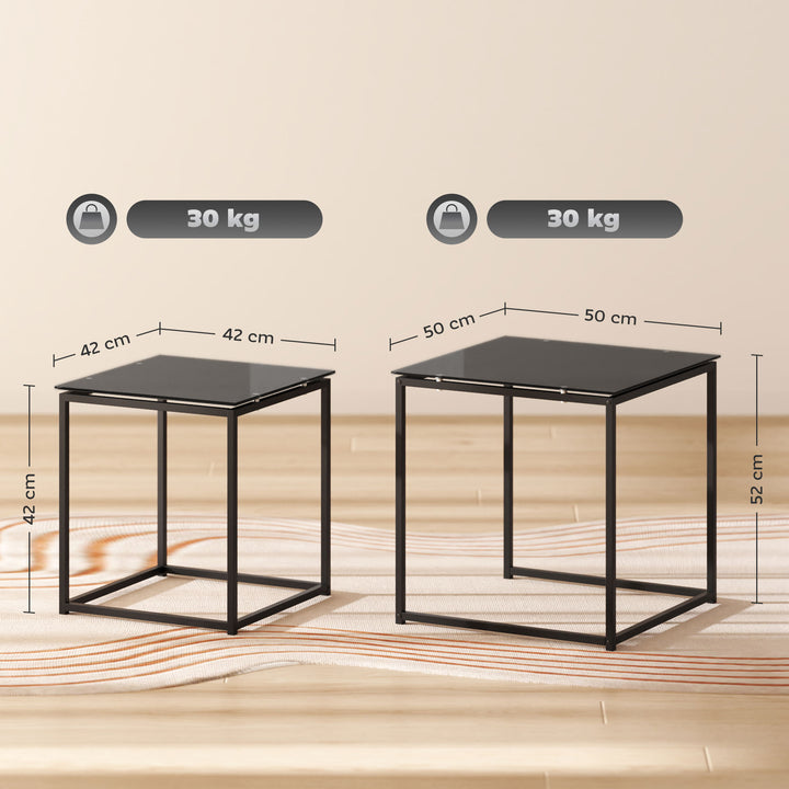 Nest of Tables, Set of 2 Coffee Table, Side Tables with Tempered Glass Desktop and Metal Frame for Living Room, Bedroom, Office, Black