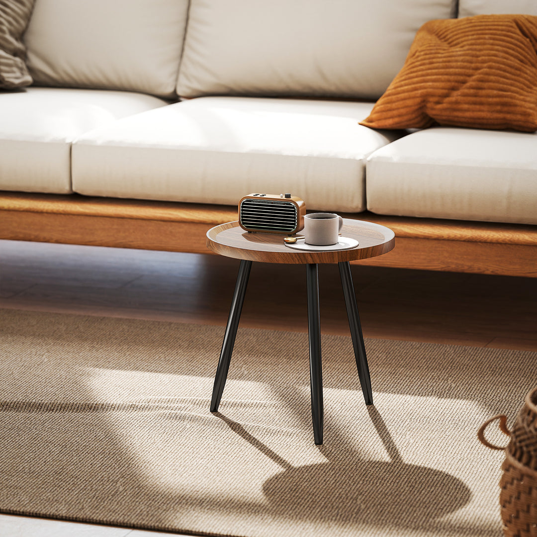 Modern Round Coffee Table with Steel Frame for Small Space, Sofa Beside, Living Room, Bedroom, Chestnut Wood Effect