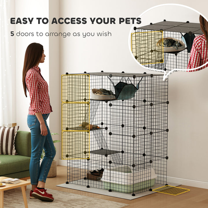 Four-Tier DIY Large Cat Cage with Hammock, Ramps, Five Doors, Indoor Use for 1-3 Cats, Black