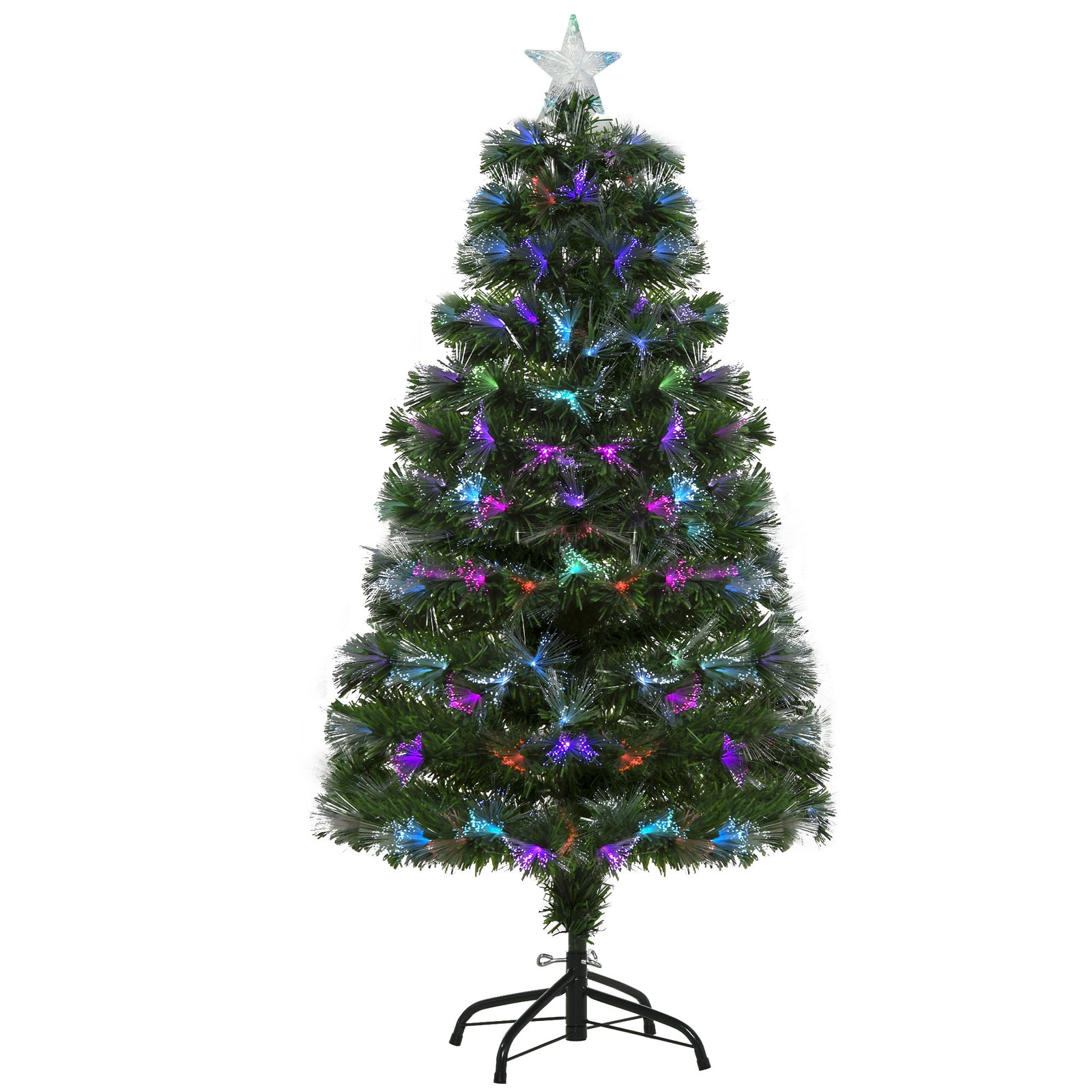 4FT Multicoloured Artificial Christmas Tree w/ Fibre Optic Lights Pre-Lit Modes Metal Stand Star Holder Home Seasonal Decoration
