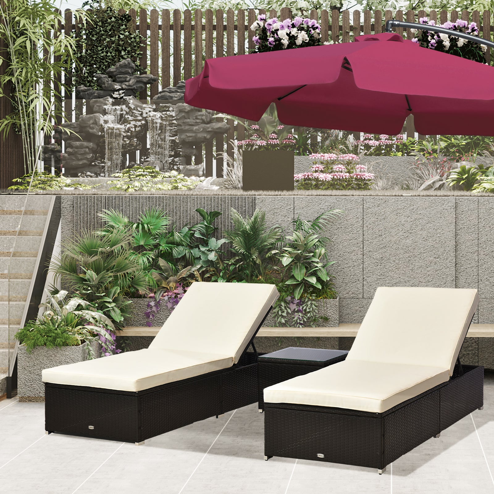 2-Seater Rattan Lounger Set-Deep Coffee/Cream White