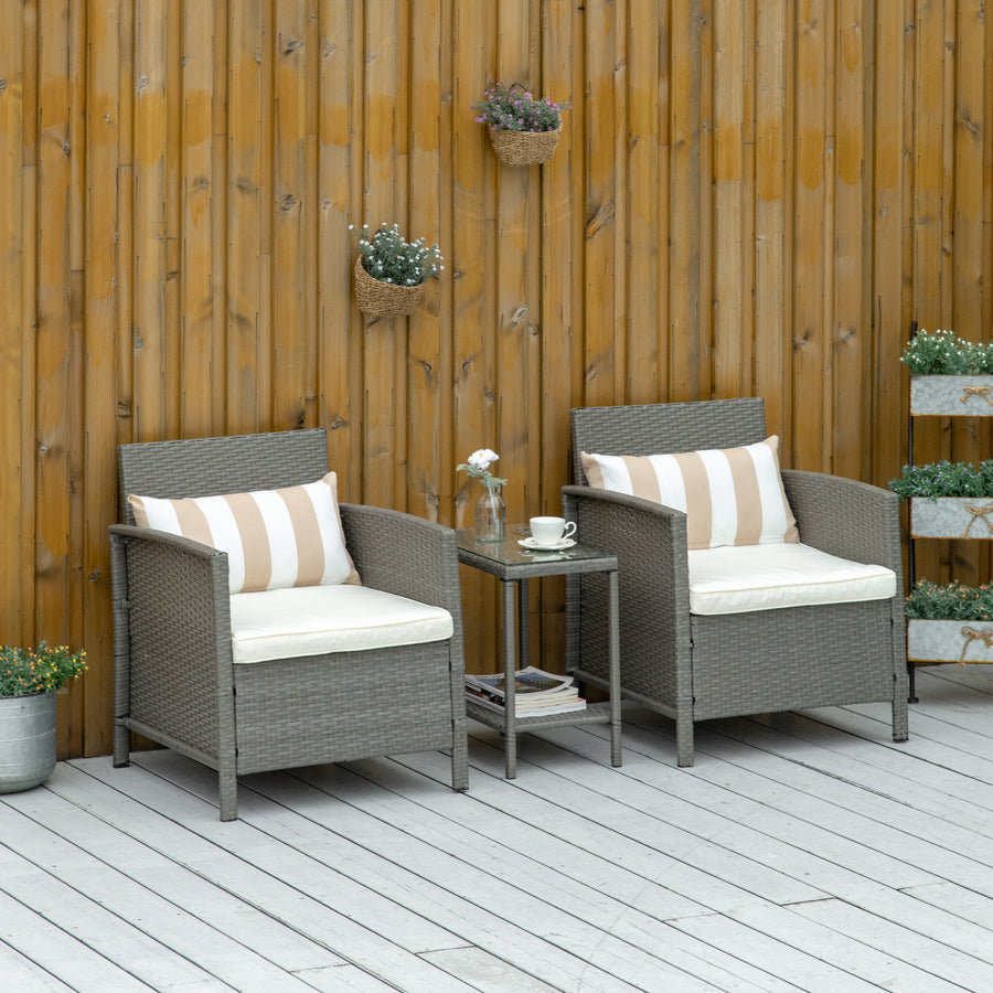 3 Pieces Rattan Bistro Set, Wicker Garden Furniture Set, Glass Top 2-tier Coffee Table and Chairs Set with Pillows and Washable Cushions for Outdoor, Patio, Balcony, Light Grey