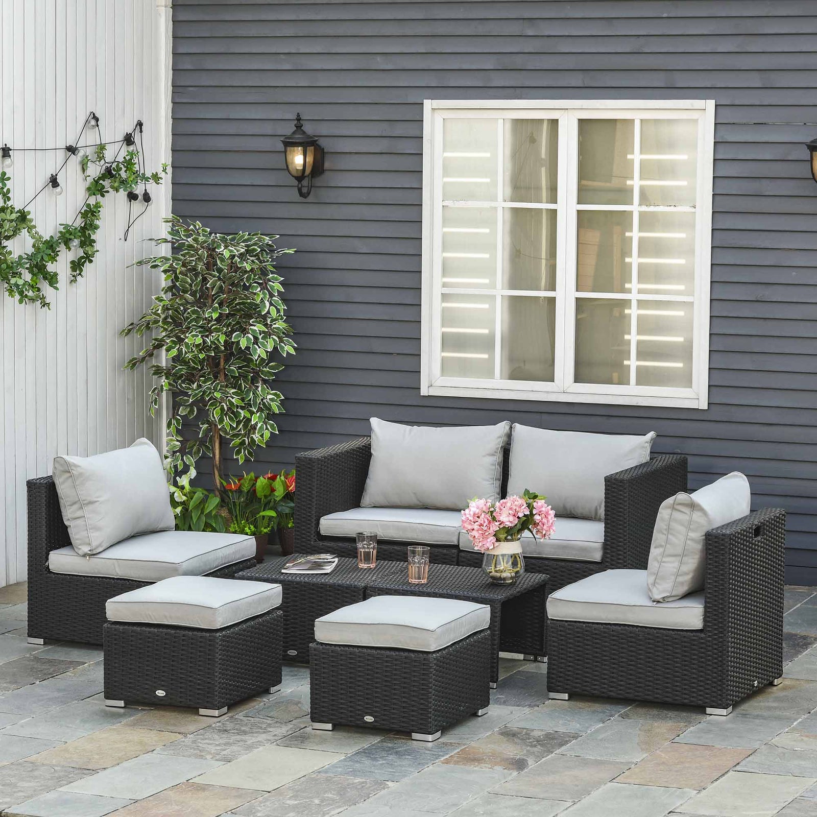 8 Pieces PE Rattan Sofa Set with Cushions, Garden Corner Sofa with 4 Seater Sofa, 2 Footstools and 2 Coffee Table Set, Space-saving Design, No Assembly Required, Black