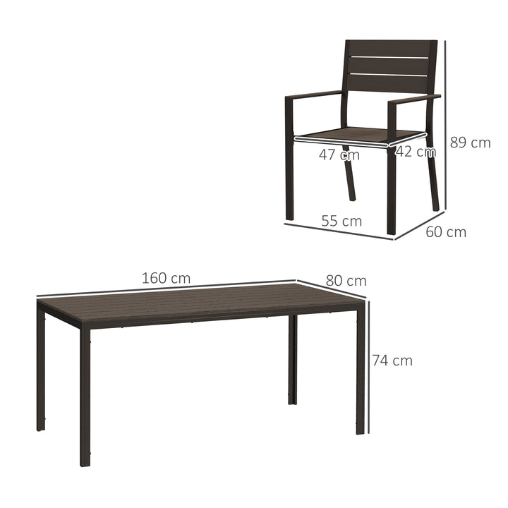 7 Piece Garden Furniture Set, 160 x 80 cm Rectangle Table and 6 Stackable Chairs Set, Outdoor Dining Set for Balcony, Deck, Dark Brown