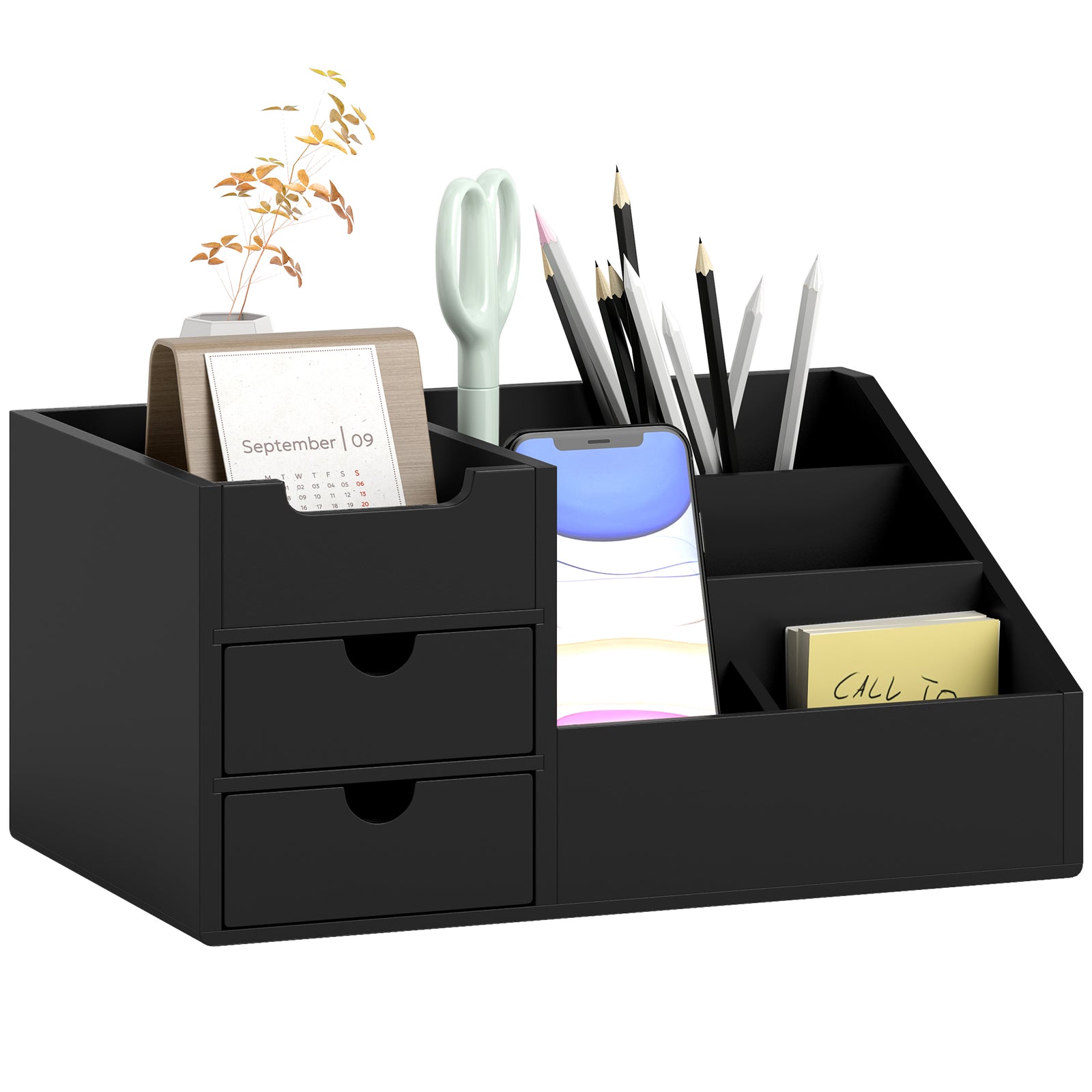 Desk Organiser Holder, Bamboo Multi-Function Storage Caddy with 7 Storage Compartments and 2 Drawers for Home Office Stationary Supplies, Black