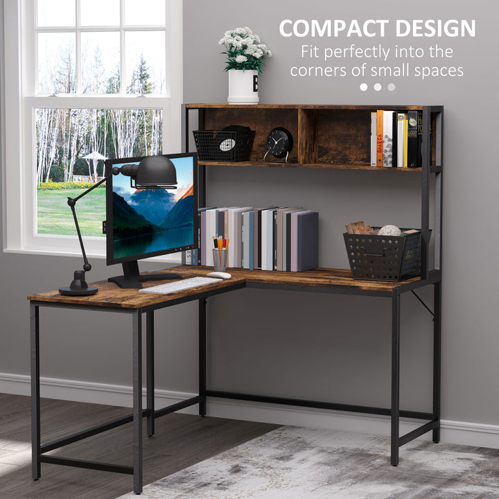 HOMCOM Industrial L-Shaped Work Desk & Storage Shelf Steel Frame Adjustable Feet Corner Workstation Home Office Study Stylish Brown Black | Aosom UK